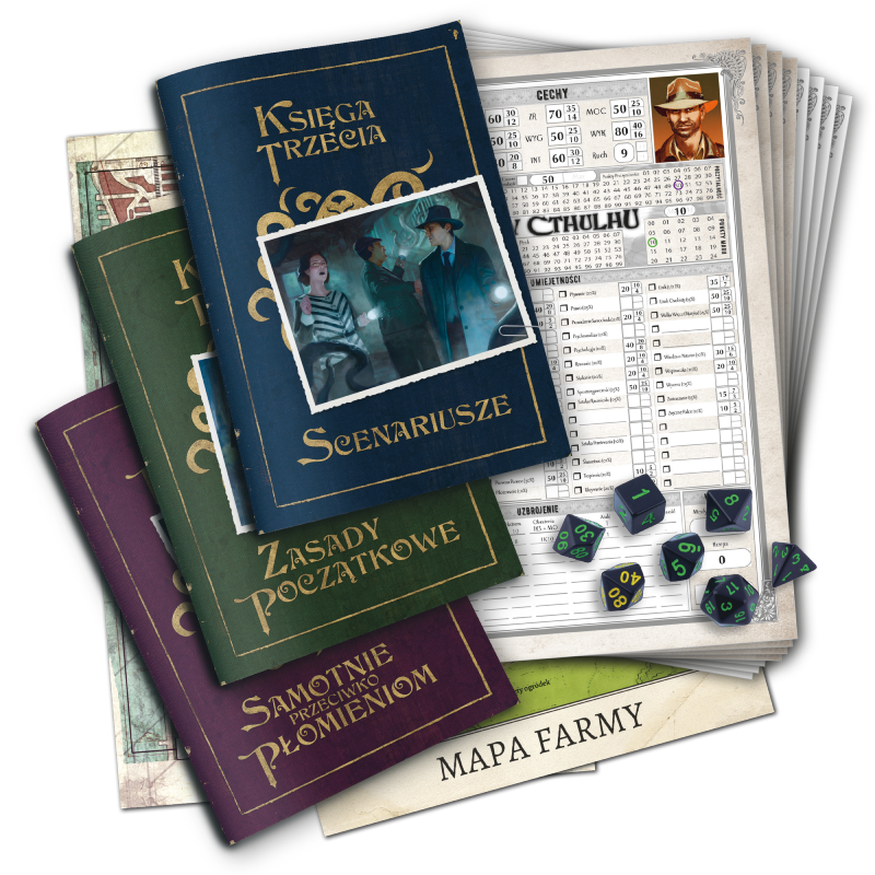 Rozłożona zawartość pudełka z broszurami, kartami i kośćmi